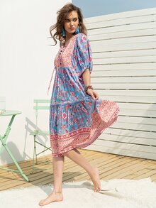 Rusttydustty Tie Neck Puff Sleeve Ruffle Hem Floral Dress - Multicolor - View 4