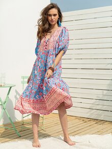 Rusttydustty Tie Neck Puff Sleeve Ruffle Hem Floral Dress - Multicolor - View 5