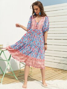 Rusttydustty Tie Neck Puff Sleeve Ruffle Hem Floral Dress - Multicolor - View 6