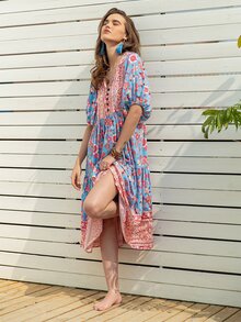 Rusttydustty Tie Neck Puff Sleeve Ruffle Hem Floral Dress - Multicolor - View 7