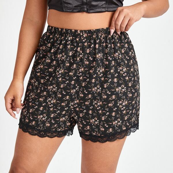 

Plus Ditsy Floral Lace Trim Shorts, Multicolor