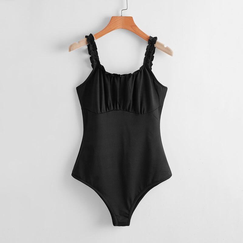 

Solid Ruched Bust Frill Bodysuit, Black