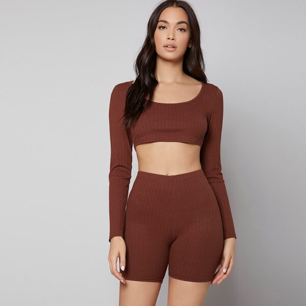 

Solid Rib-Knit Comfortable Lounge Set, Rust brown