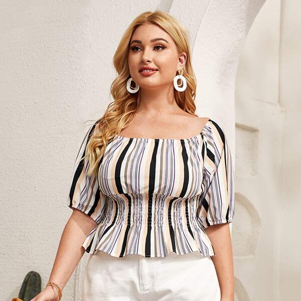 

Plus Shirred Waist Striped Blouse, Multicolor
