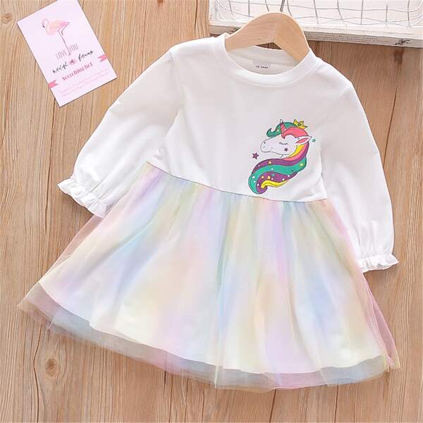 

Toddler Girls Unicorn Print Mesh Panel Dress, White