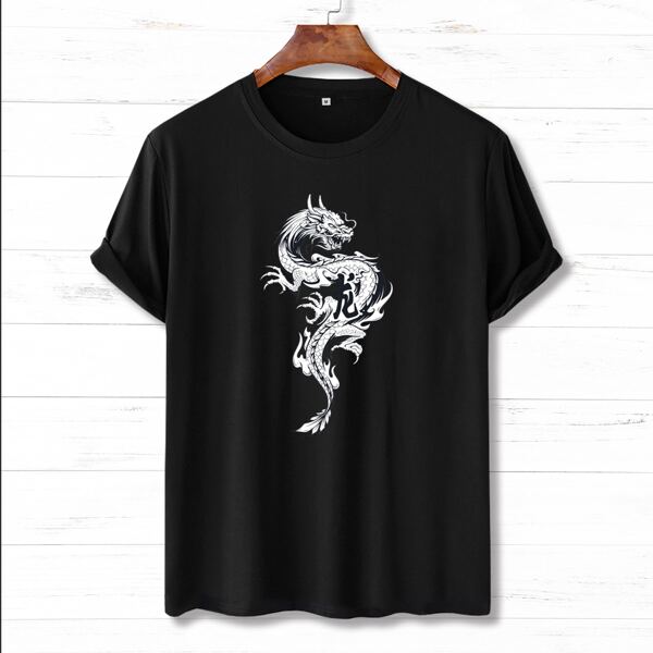 

Men Chinese Dragon Print Tee, Black