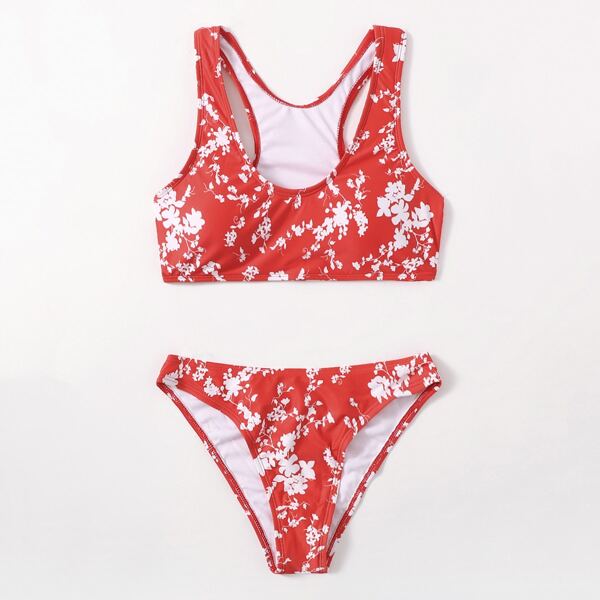 

Allover Floral Pattern Bikini Swimsuit, Red and white