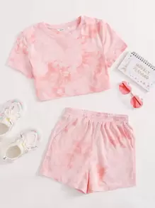 SHEIN Leap Crew 青少年女孩扎染t恤與網球短褲套裝 - 淺粉色 - 查看 1
