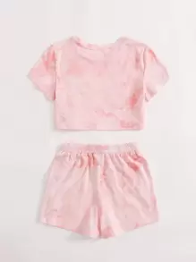 SHEIN Leap Crew 青少年女孩扎染t恤與網球短褲套裝 - 淺粉色 - 查看 2