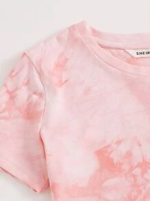 SHEIN Leap Crew 青少年女孩扎染t恤與網球短褲套裝 - 淺粉色 - 查看 4