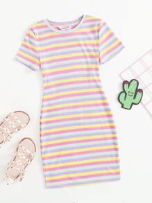 SHEIN Vestido De Punto De Rayas Coloridas Con Aberturas Para Niña Adolescente - Multicolor - Ver 1