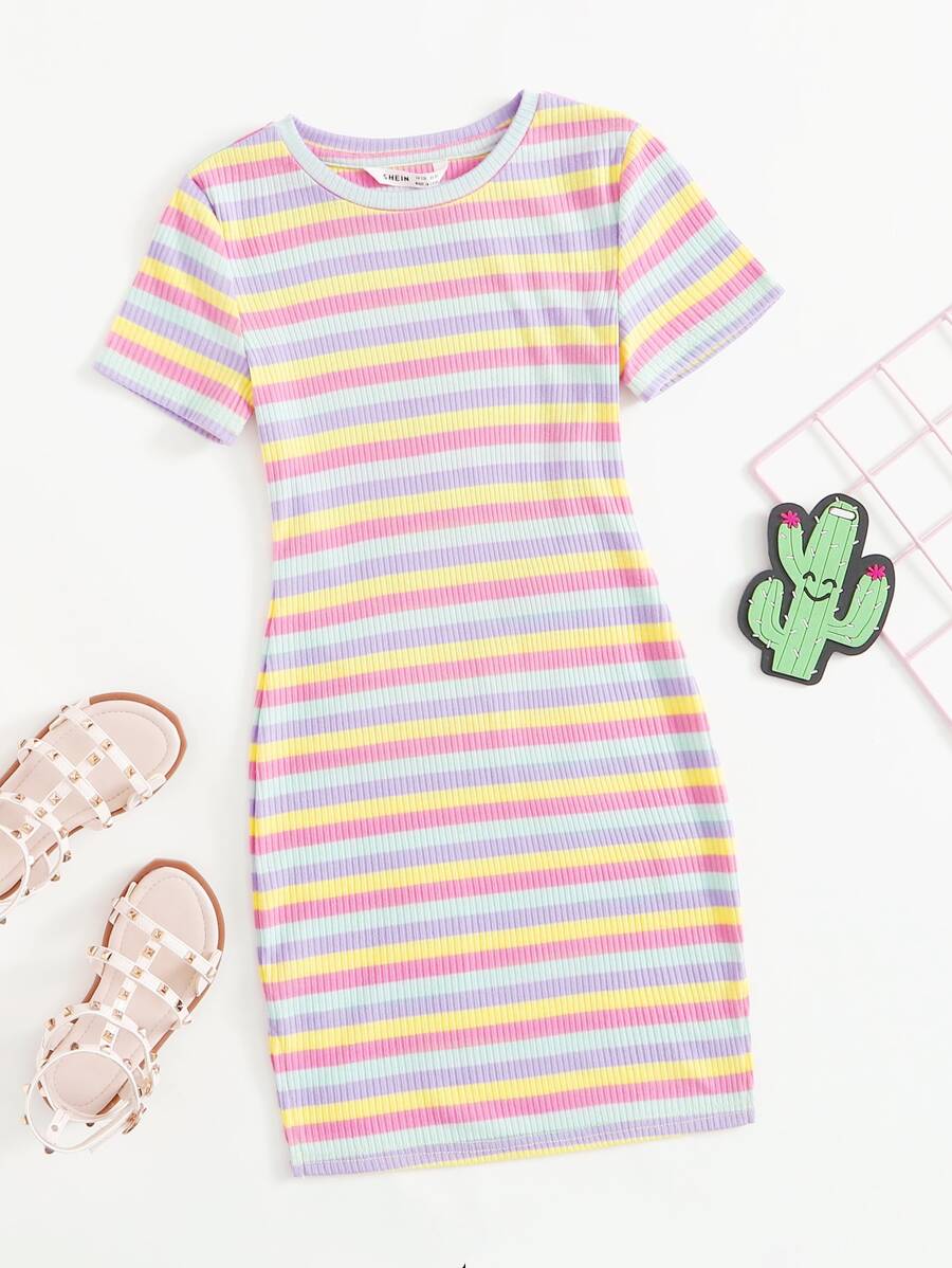 SHEIN Vestido De Punto De Rayas Coloridas Con Aberturas Para Niña Adolescente - Multicolor - Ver 1