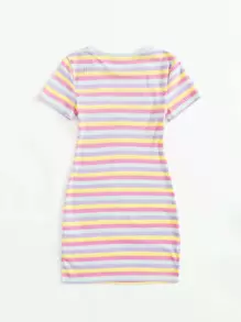 SHEIN Vestido De Punto De Rayas Coloridas Con Aberturas Para Niña Adolescente - Multicolor - Ver 2