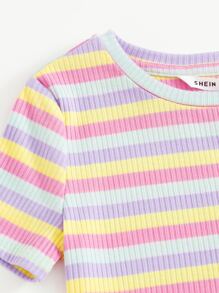 SHEIN Vestido De Punto De Rayas Coloridas Con Aberturas Para Niña Adolescente - Multicolor - Ver 3