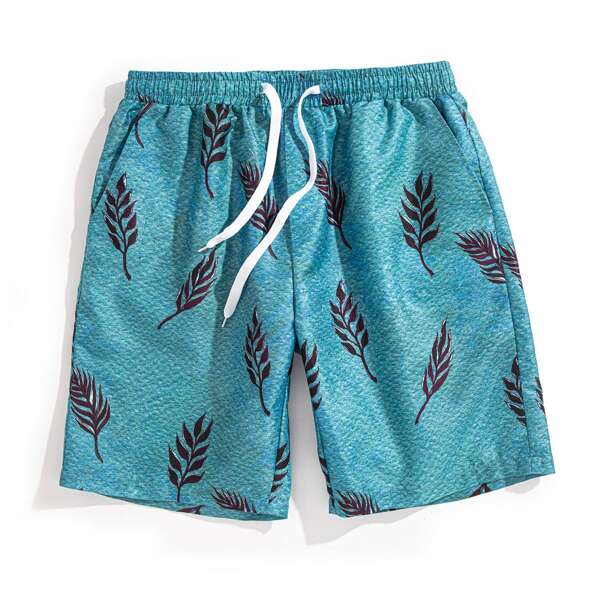 

Men Allover Plants Print Drawstring Shorts, Cadet blue