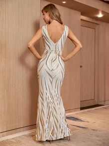 SHEIN Belle V Neck Sequin Prom Dress Elegant Formal Evening Wedding Guest Gown, For Graduation, Dinner Party Dress - Apricot - View 2