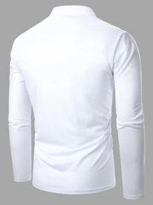 Manfinity Homme Men Half Placket Solid Polo Shirt, For Fall, Long Sleeve Top - White - View 2