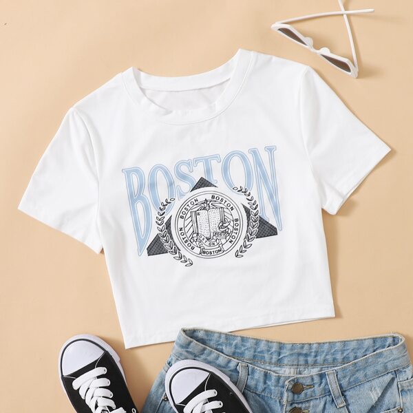 

Round Neck Letter & Graphic Print Tee, White