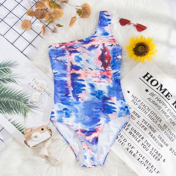 

Tie Dye One Shoulder One Piece Swimsuit, Multicolor