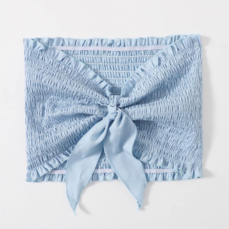 

Solid Shirred Knot Crop Tube Top, Baby blue