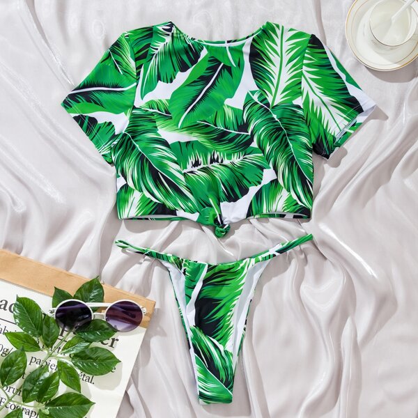 

Tropical Knot Hem Thong Bikini Swimsuit, Green