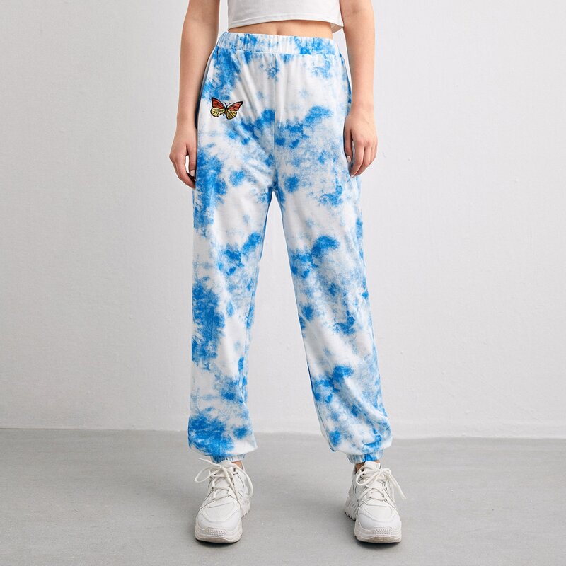 

Butterfly Embroidery Tie Dye Sweatpants, Blue and white