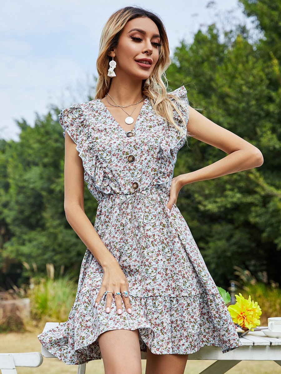 Ditsy Floral Ruffle Trim Dress - Multicolor - View 1