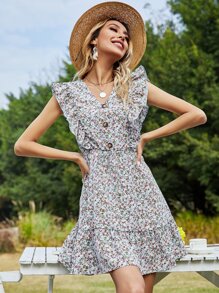 Ditsy Floral Ruffle Trim Dress - Multicolor - View 3