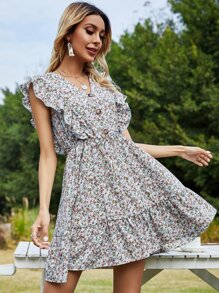Ditsy Floral Ruffle Trim Dress - Multicolor - View 4