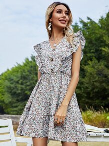 Ditsy Floral Ruffle Trim Dress - Multicolor - View 5