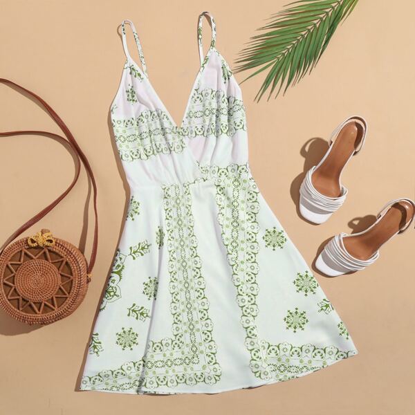 

Floral Print Surplice Front Backless Cami Dress, Cadet blue