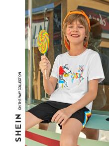 SHEIN Boys Cartoon Graphic Tee & Rainbow Striped Shorts Set - Multicolor - View 1