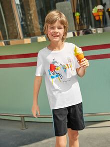 SHEIN Boys Cartoon Graphic Tee & Rainbow Striped Shorts Set - Multicolor - View 3