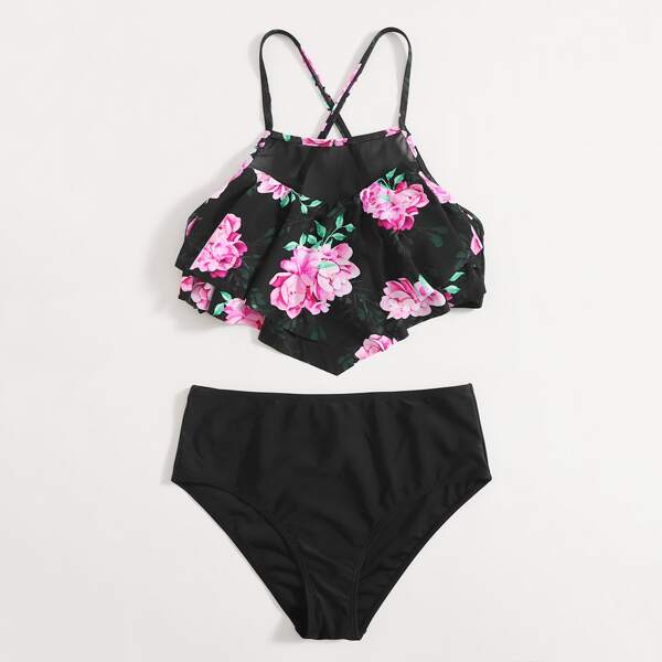 

Floral Contrast Mesh Hanky Hem Bikini Swimsuit, Black