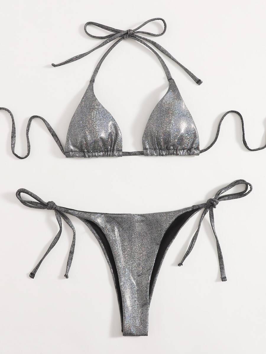Metallic Halter Tie Side Bikini Set - Blue - View 1