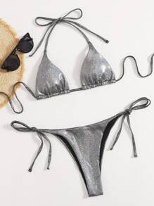 Metallic Halter Tie Side Bikini Set - Blue - View 3