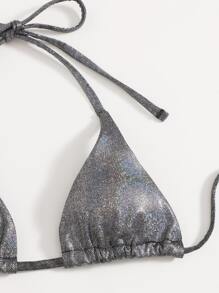 Metallic Halter Tie Side Bikini Set - Blue - View 4