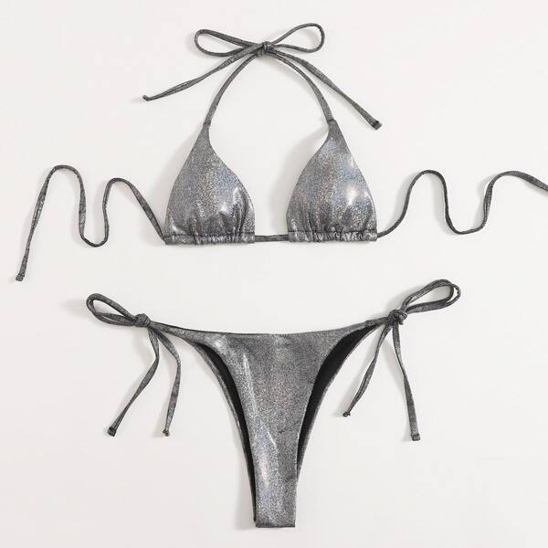 

Metallic Halter Tie Side Bikini Swimsuit, Blue