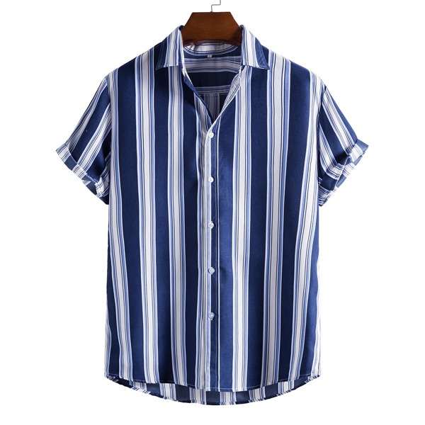 

Men Vertical Striped Button Through Shirt, Blue and white