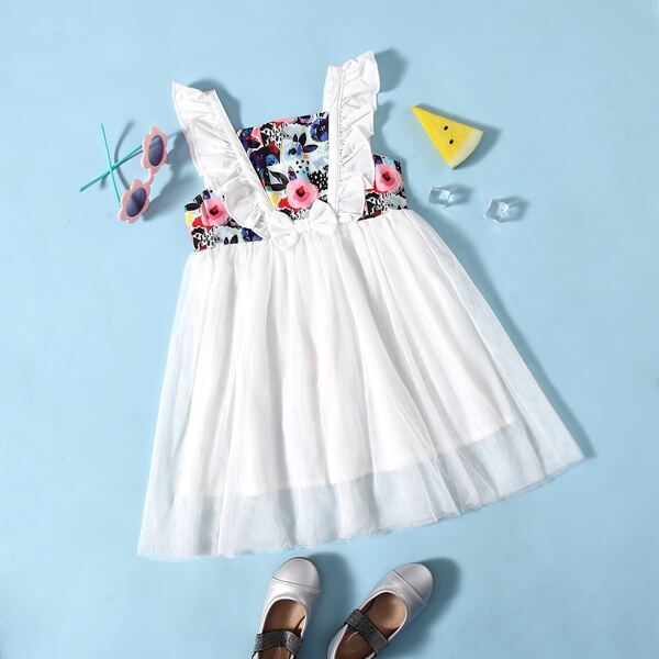 

Toddler Girls Floral Print Ruffle Trim Bow Front Dress, White