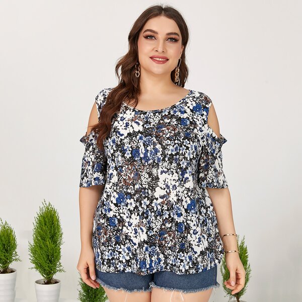 

Plus Allover Floral Cold Shoulder Tee, Multicolor