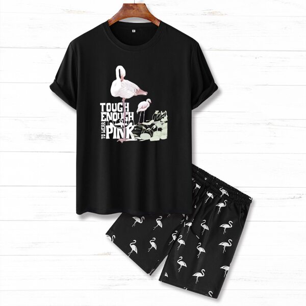 

Men Flamingo & Letter Graphic Tee With Shorts, Black