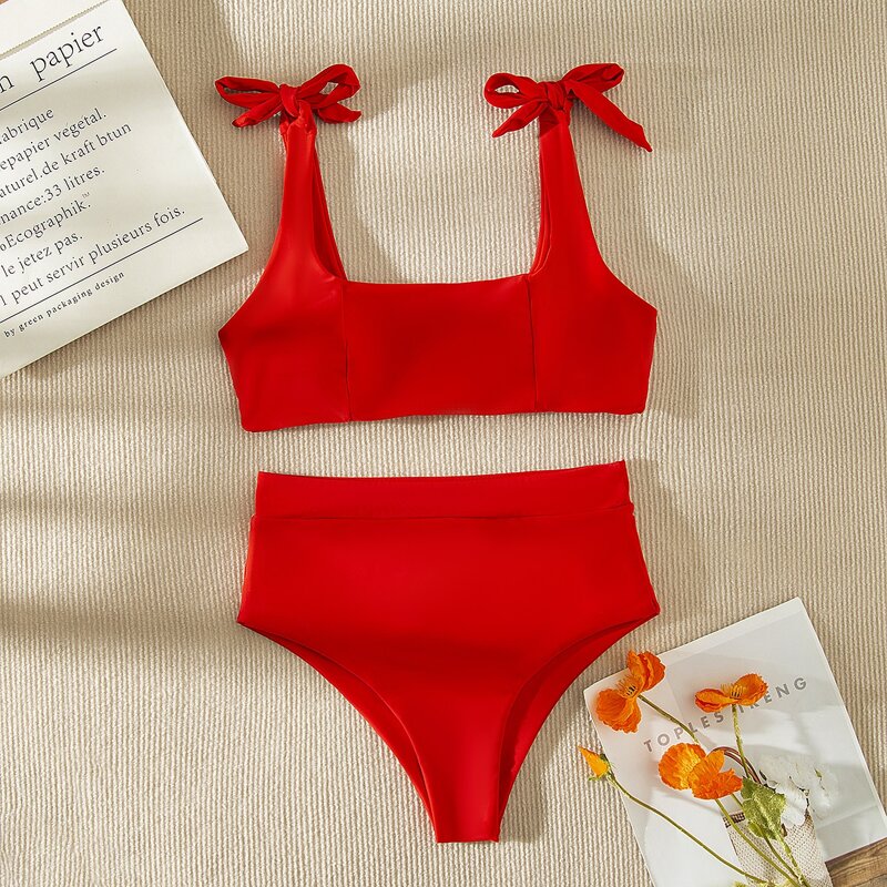 

Tie Shoulder Bikini Swimsuit, Red