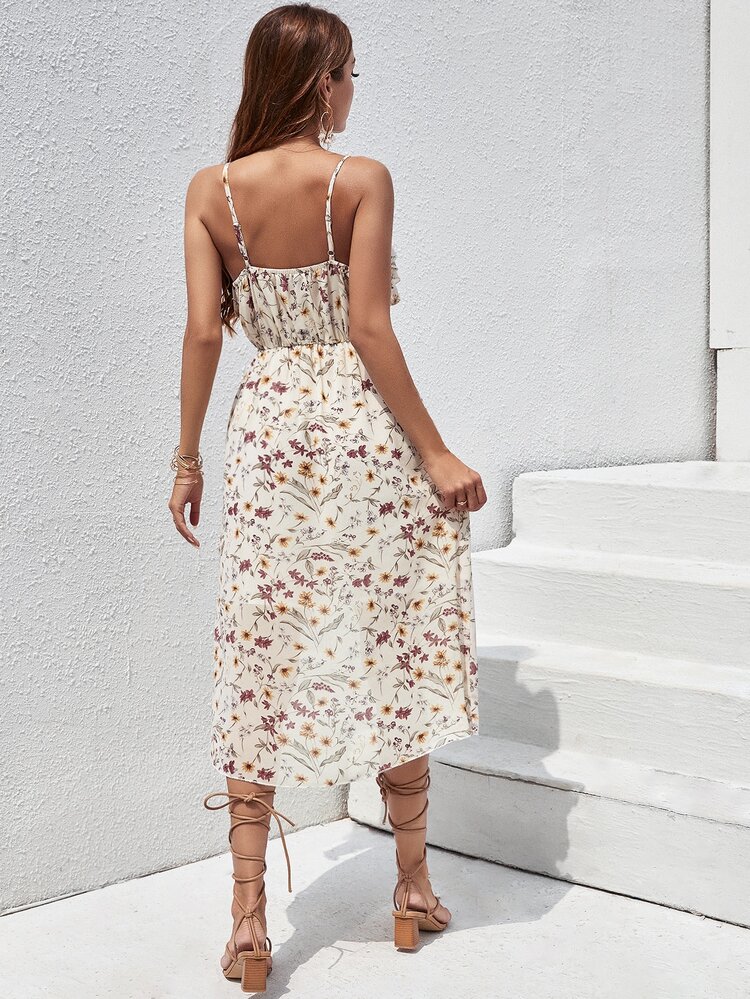 Breezaya 小碎花荷葉邊開衩吊帶連衣裙 - 杏色 - 查看 2