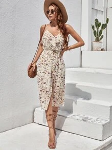 Breezaya Vestido de tirantes floral fruncido con abertura - Albaricoque - Ver 4