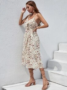 Breezaya Vestido de tirantes floral fruncido con abertura - Albaricoque - Ver 5