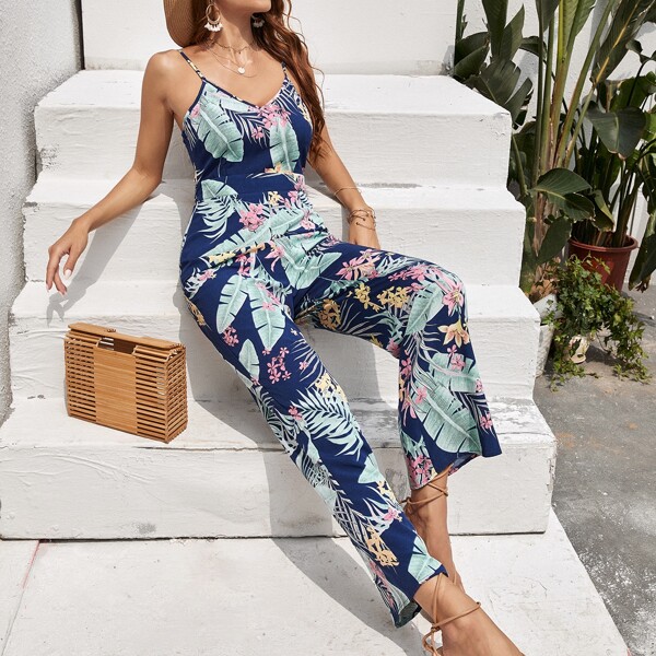 

Tropical Cut Out Back Cami Jumpsuit, Multicolor