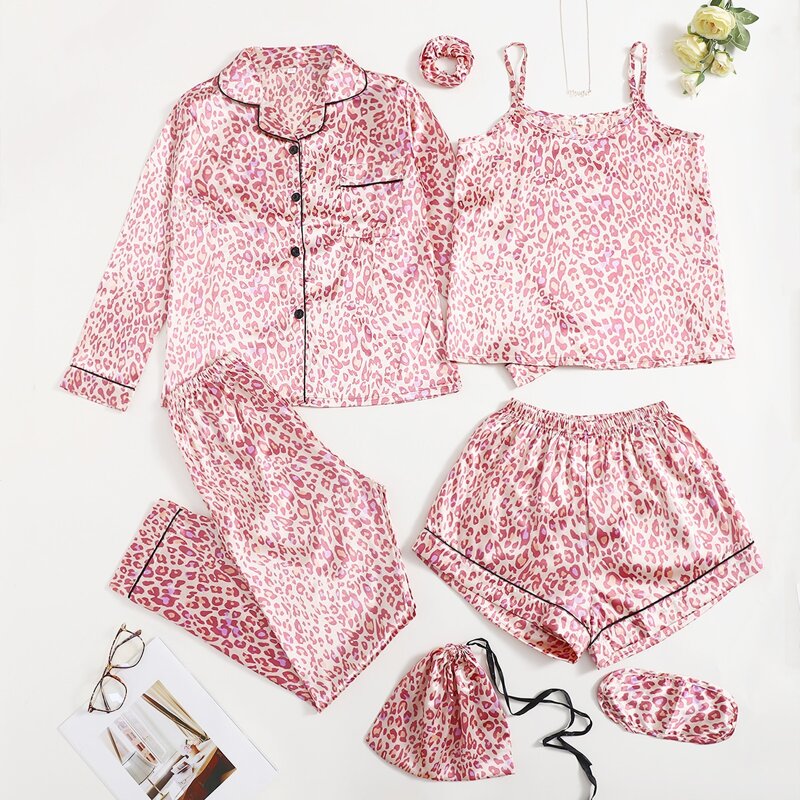 

7pcs All Over Print Satin Night Set, Multicolor