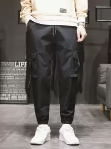 Manfinity Pantalones cargo de cintura con cordón con bolsillo - Negro - Ver 5