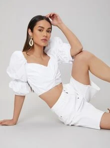 SHEIN Puff Sleeve Top - White - View 8